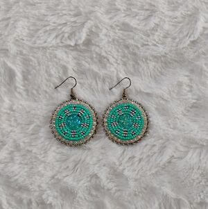 Turquoise & Silver Seed Beaded Circle Earrings
